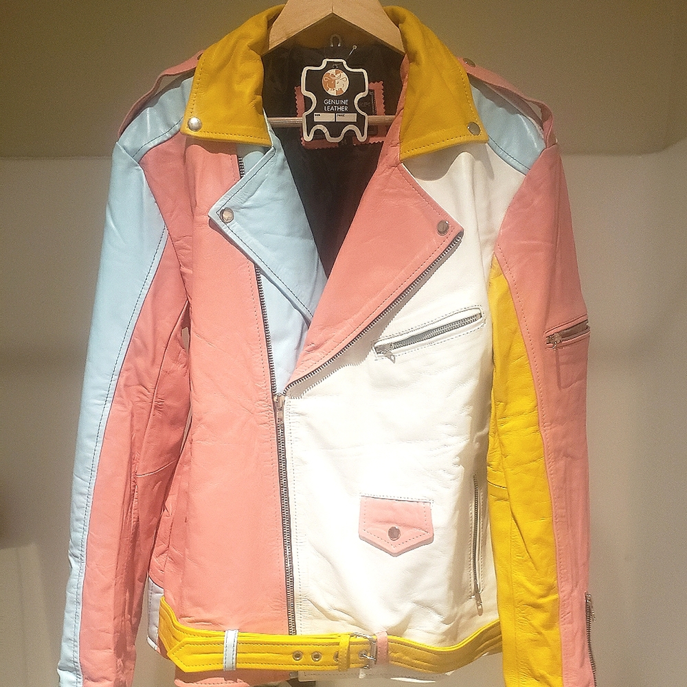 Rainbow pastel color block leather moto jacket.